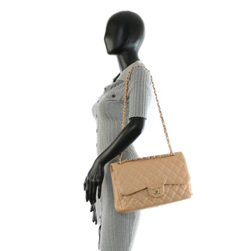 CHANEL Jumbo Quilted Double Flap Leather Beige Iridescent
