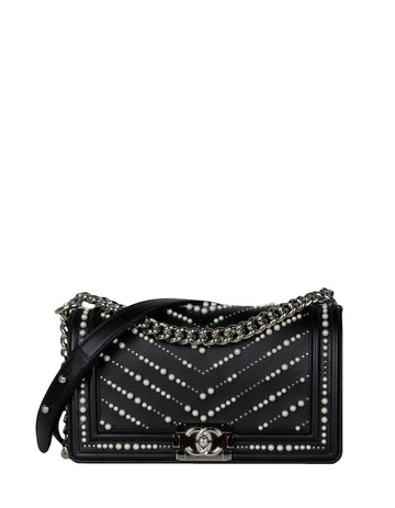 Chanel Black Calfskin Leather Chevron Pearl Boy Bag
