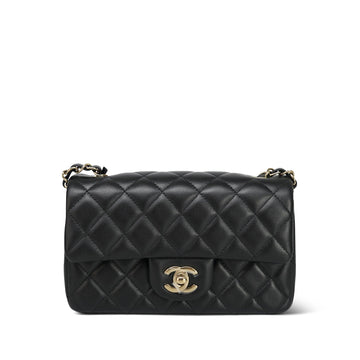 24S Black leather Quilted Mini Rectangular Flap Light Gold Hardware