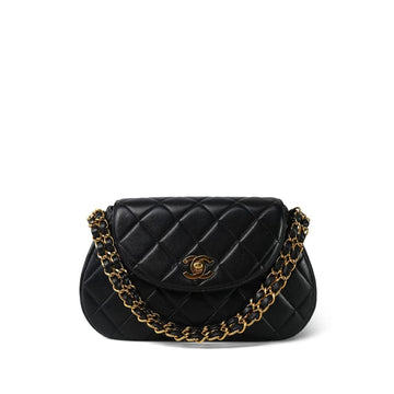 Black leather Quilted Double Chain Rounded Bag Gold Hardware