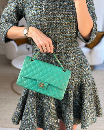 Chanel Emerald Green Medium Classic Double Flap Bag in Leather Leather with Gold Hardware