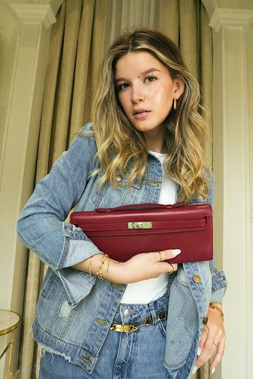 Kelly Cut Clutch Bi-Color Rubis/Rose Shocking Tadelakt Palladium Plated N Square Stamp