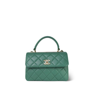 23C Green leather Quilted Trendy CC Small Light Gold Hardware