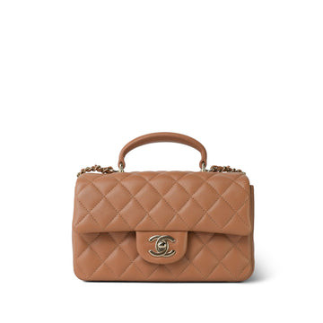 Dark Beige leather Quilted Mini Top Handle Light Gold Hardware