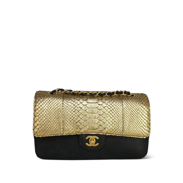 Gold Python/Black Suede Classic Flap Medium Aged Gold Hardware