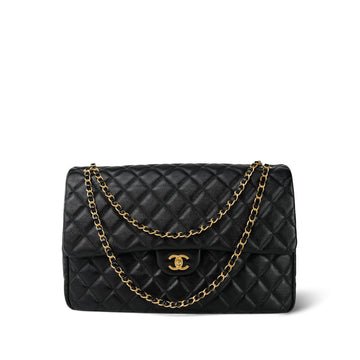 24K Black leather Quilted Maxi Travel Flap Aged Gold Hardware
