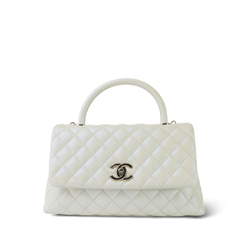 20K White Iridescent leather Quilted Coco Handle Medium Light Gold Hardware