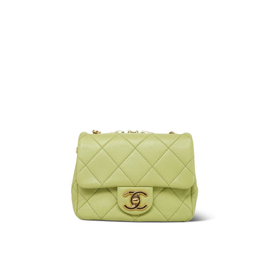 Green leather Quilted Halo Top Handle Mini Square Flap Brushed Gold Hardware