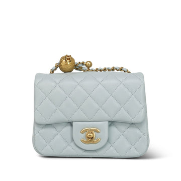 24K Light Blue leather Quilted Pearl Crush Mini Aged Gold Hardware