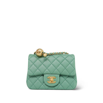 23C Green leather Quilted Pearl Crush Mini Square Flap Aged Gold Hardware