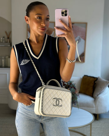 Chanel White Leather Vanity Case with Zebra Motif CC Logo and Silver Hardware