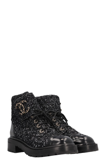 CHANEL CC Lace Up Boots Tweed Grey Black