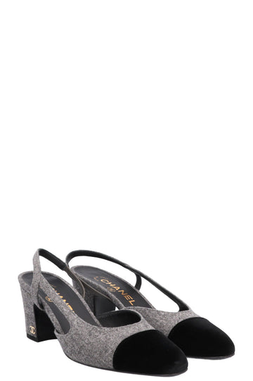 CHANEL Classic Slingback Felt Velvet Grey