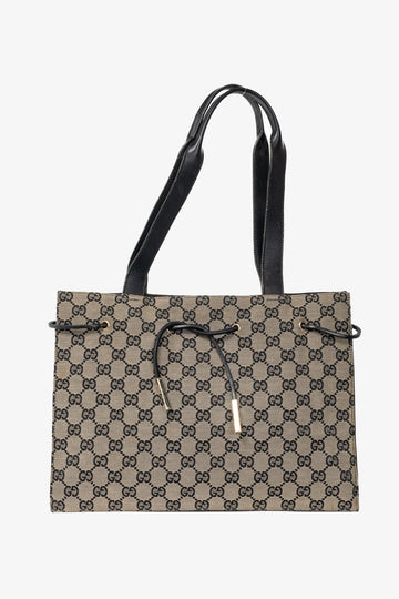 Gucci Khaki GG Canvas Black-Leather Drawstring Tote