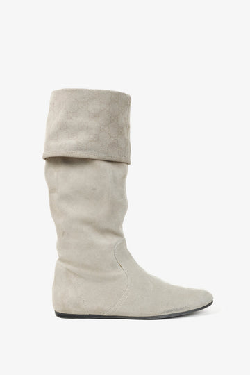 Gucci Sly Web Chalk Suede Cuffed Slouch Flat Boots