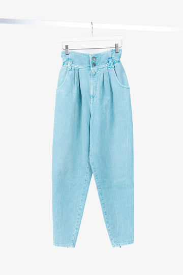 Gucci PF/19 Blue Embroidered Cherry Tapered Paperbag-Waist Jeans