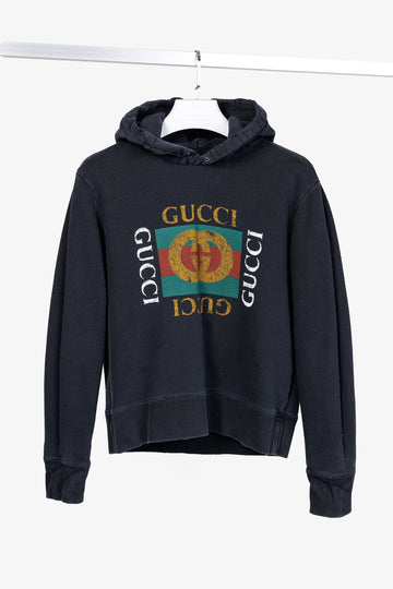 Gucci Black Distressed-Effect Logo-Print Cotton Hoodie
