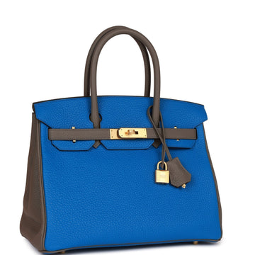 Hermes Special Order (HSS) Birkin 30 Bleu Electric and Etain Leather Brushed Gold Hardware
