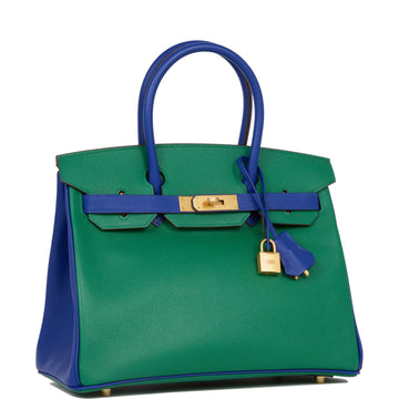 Hermes Special Order (HSS) Birkin 30 Vert Verone and Bleu Electric Leather Brushed Gold Hardware