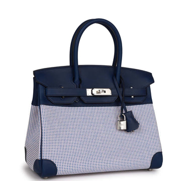 Hermes Quadrille Birkin 30 Bleu Saphir Leather and Ecru Mauve Toile Palladium Hardware