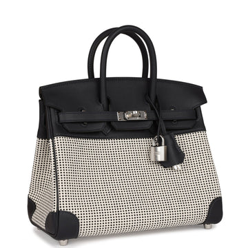 Hermes Quadrille Birkin 25 Black Leather and Ecru Toile Palladium Hardware