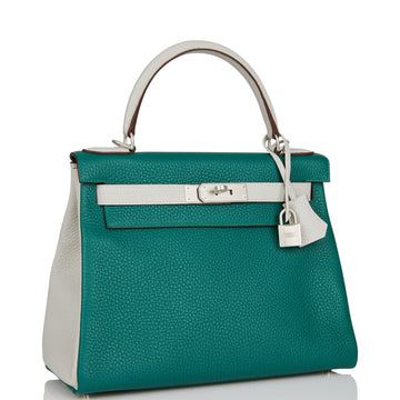 Hermes Special Order (HSS) Kelly Retourne 28 Malachite and Gris Perle Leather Brushed Palladium Hardware