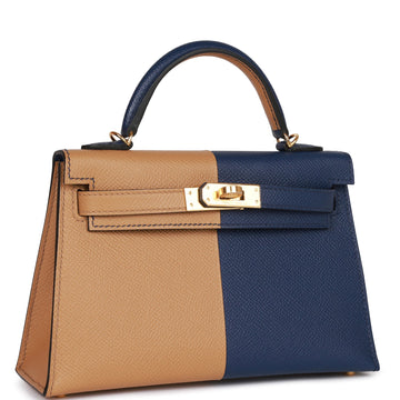 Hermes Special Order (HSS) Kelly Sellier 20 Casaque Sesame and Bleu Saphir Leather Gold Hardware