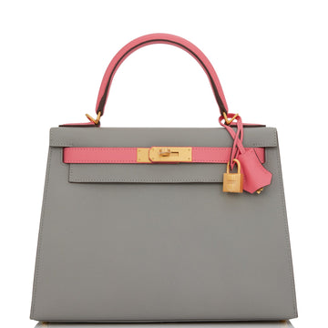 Hermes Special Order (HSS) Kelly Sellier 28 Gris Mouette and Rose Azalee Leather Brushed Gold Hardware