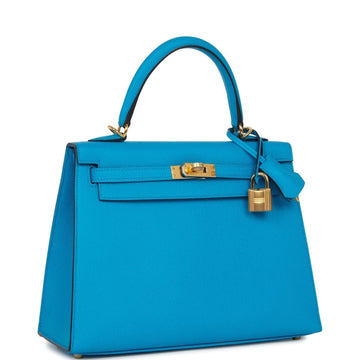 Hermes Kelly Sellier 25 Bleu Frida Leather Gold Hardware