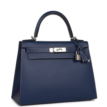 Hermes Special Order (HSS) Kelly Sellier 28 Bleu Indigo Leather Palladium Hardware