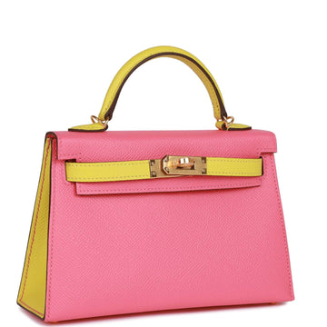 Hermes Special Order (HSS) Kelly Sellier 20 Rose Azalee and Lime Leather Gold Hardware