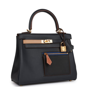 Hermes Colormatic Kelly Retourne 25 Caban, Black and Chai Leather Gold Hardware