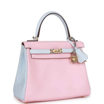 Hermes Special Order (HSS) Kelly Retourne 25 Rose Sakura and Bleu Brume Leather Permabrass Hardware