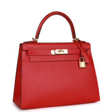 Hermes Kelly Sellier 28 Rouge Casaque Leather Gold Hardware