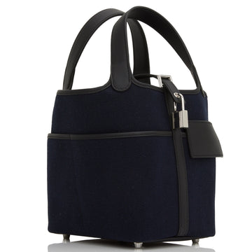 Hermes Picotin Cargo 18 Bleu Marine and Black Leather and Toile Canvas Palladium Hardware