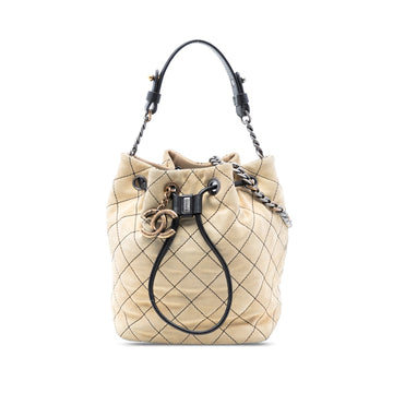 CC Chain Drawstring Bucket Bag Quilted Leather Small
