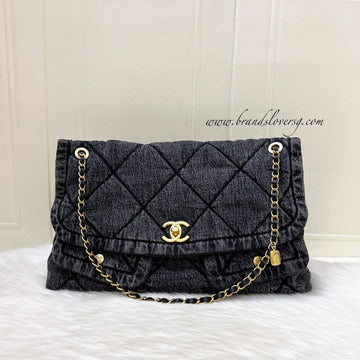 Chanel Maxi Flapbag in Black Washed Denim and AGHW (Model: AS5727)