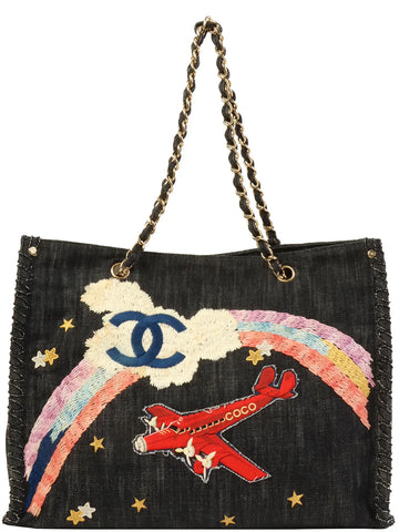 Top Quality Chanel Around 2005 Made Leather/denim Airplane Cc Mark Embroidered Chain Tote Bag Indigo