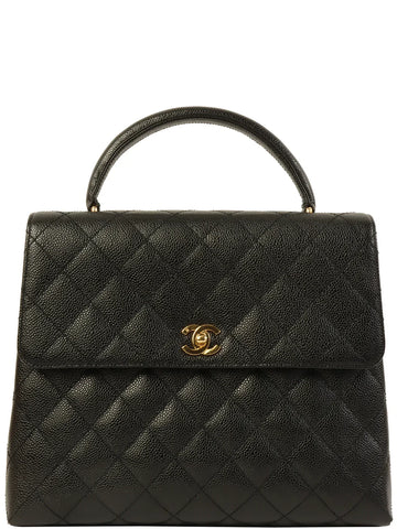 Top Quality Chanel Around 2001 Made Leather Skin Turn-Lock Top Handle Bag Black