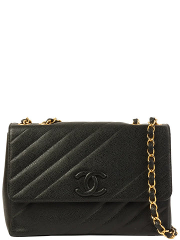 Top Quality Chanel Around 1995 Made Leather Skin Cc Mark Diagonal Stitch Chain Bag Black