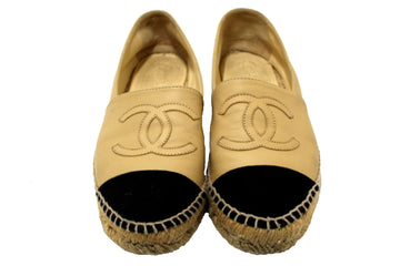 Top Quality Chanel Beige/Black Leather Leather Espadrilles Shoes Size 37.5