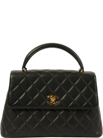 Top Quality Chanel Around 1997 Made Leather Skin Turn-Lock Top Handle Bag Black