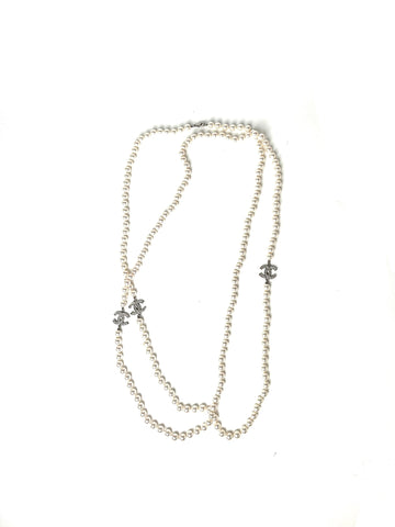 CHANEL CC Faux Pearl Rhinestone Beaded Station Long Double Necklace