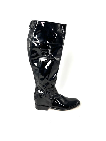 Vintage CHANEL CC Logo  Leather Black Long Flat Boots 37.5 7