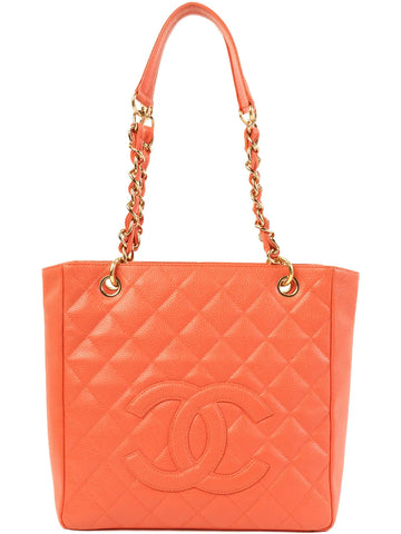 Top Quality Chanel Around 2003 Made Leather Skin Cc Mark Stitch Chain Tote Bag Coral Pink