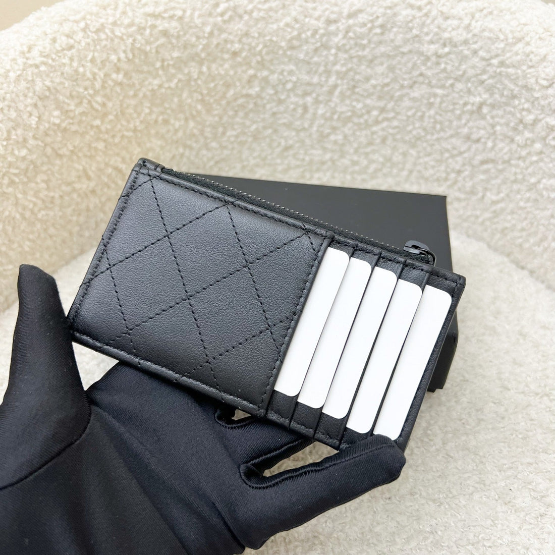 Chanel Flat Card Holder with Zipped Coin Compartment in Black Calfskin and BHW