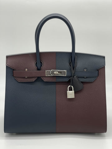 Hermes Birkin 30 Casaque Rouge Sellier / Bleu Indigo / Rose Texas Leather