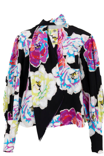CHANEL 2010 Shawl Collar Camellia Silk Blouse Multicolor