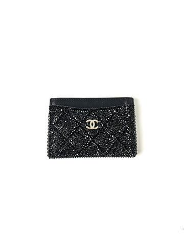 CHANEL Black Swarovski Crystal Leather Card Case Wallet
