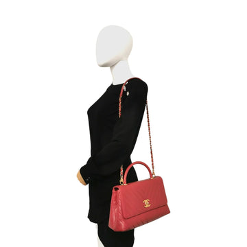 Chanel Coco Handle Flap Bag Chevron Medium Red Leather Gold